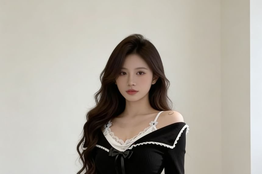 Mock Two-Piece Lace-Trimmed Two-Tone Top