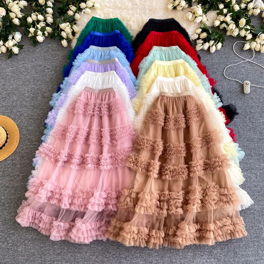 Ruffle Trim Maxi A-Line Skirt - Elastic Waist Plain