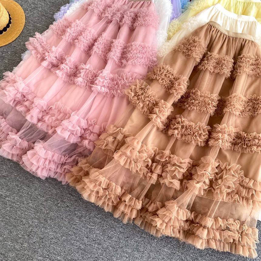 Ruffle Trim Maxi A-Line Skirt - Elastic Waist Plain