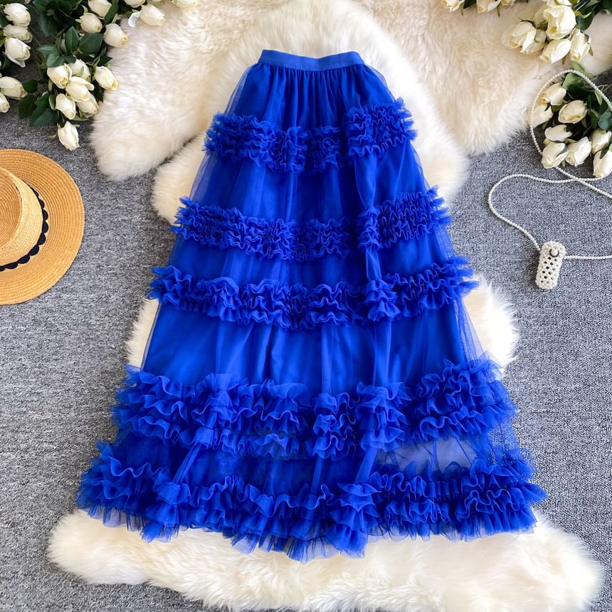 Ruffle Trim Maxi A-Line Skirt - Elastic Waist Plain