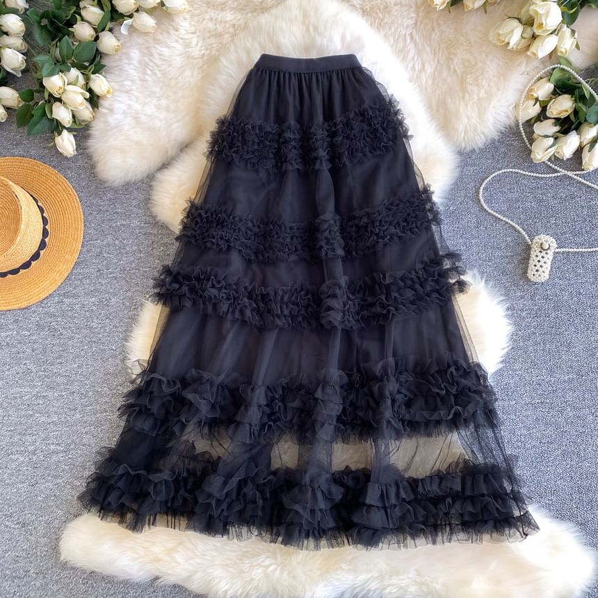 Ruffle Trim Maxi A-Line Skirt - Elastic Waist Plain