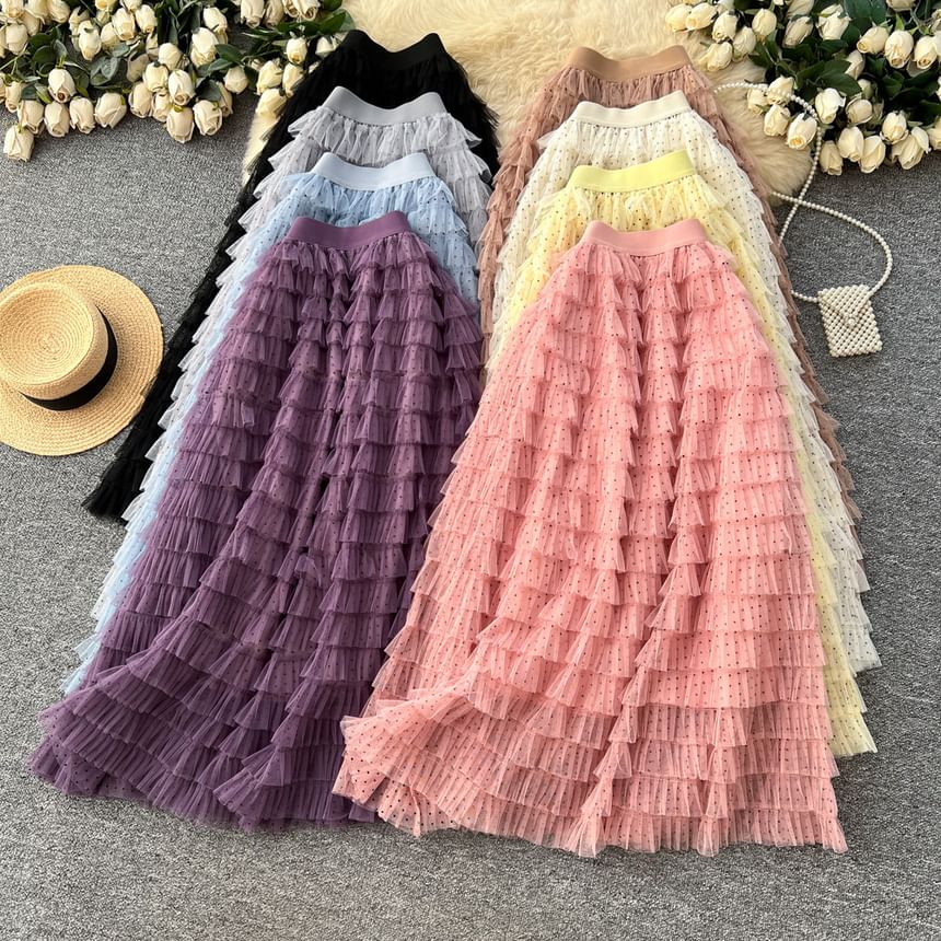Dotted Maxi Tiered Skirt - Elastic Waist