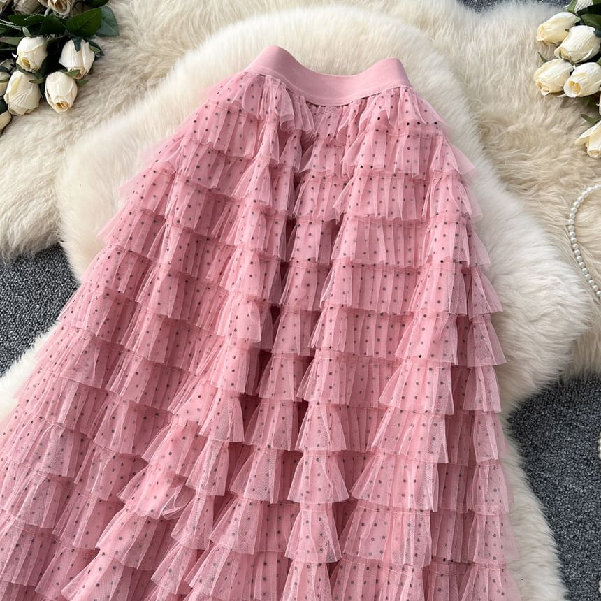 Dotted Maxi Tiered Skirt - Elastic Waist