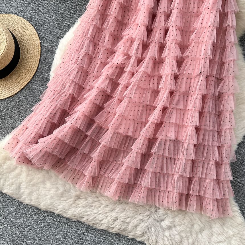 Dotted Maxi Tiered Skirt - Elastic Waist