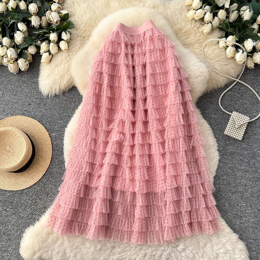 Dotted Maxi Tiered Skirt - Elastic Waist