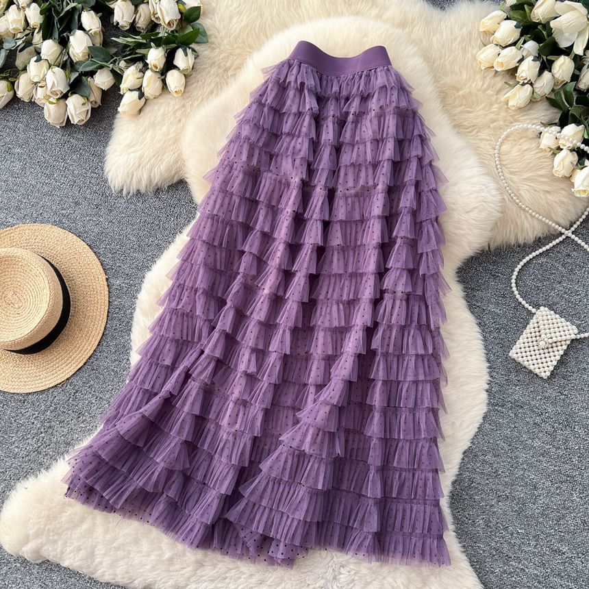 Dotted Maxi Tiered Skirt - Elastic Waist