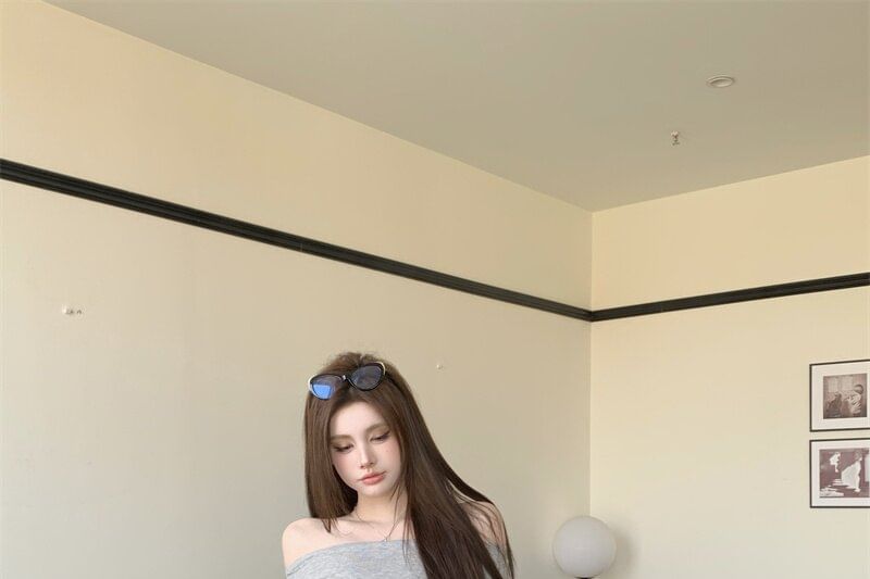 Off-Shoulder Slim Fit Crop Tee & Mid Rise Mini A-Line Skirt Set