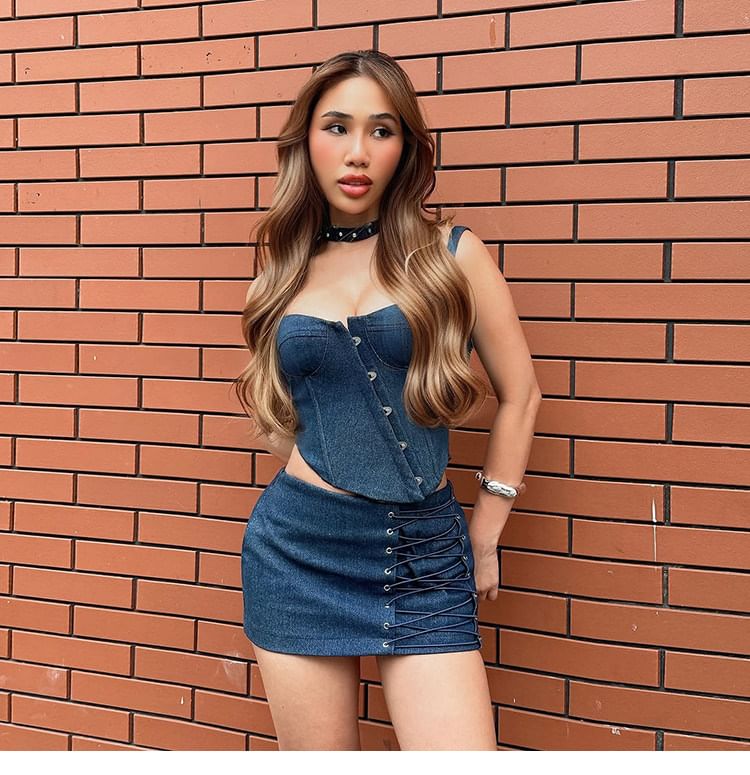 Denim Asymmetric Bustier Top with Lace Up Denim Mini Skirt