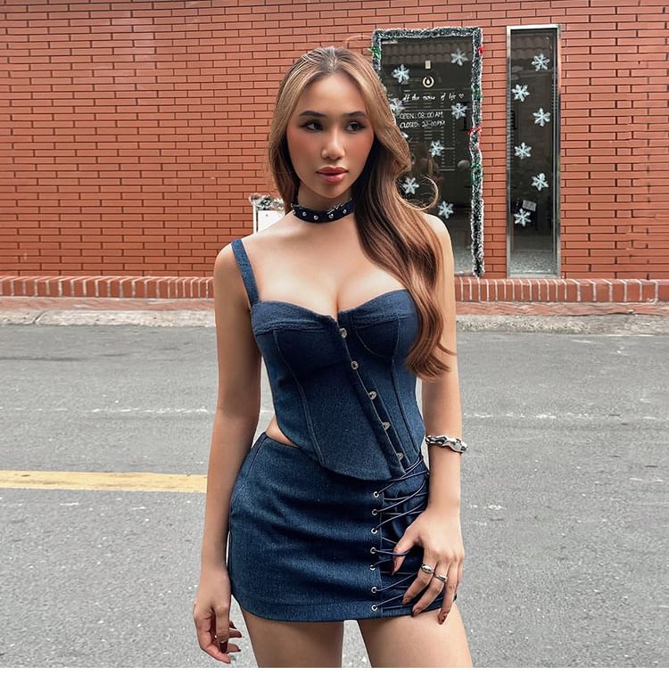 Denim Asymmetric Bustier Top with Lace Up Denim Mini Skirt