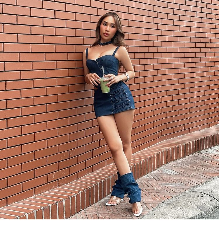 Denim Asymmetric Bustier Top with Lace Up Denim Mini Skirt