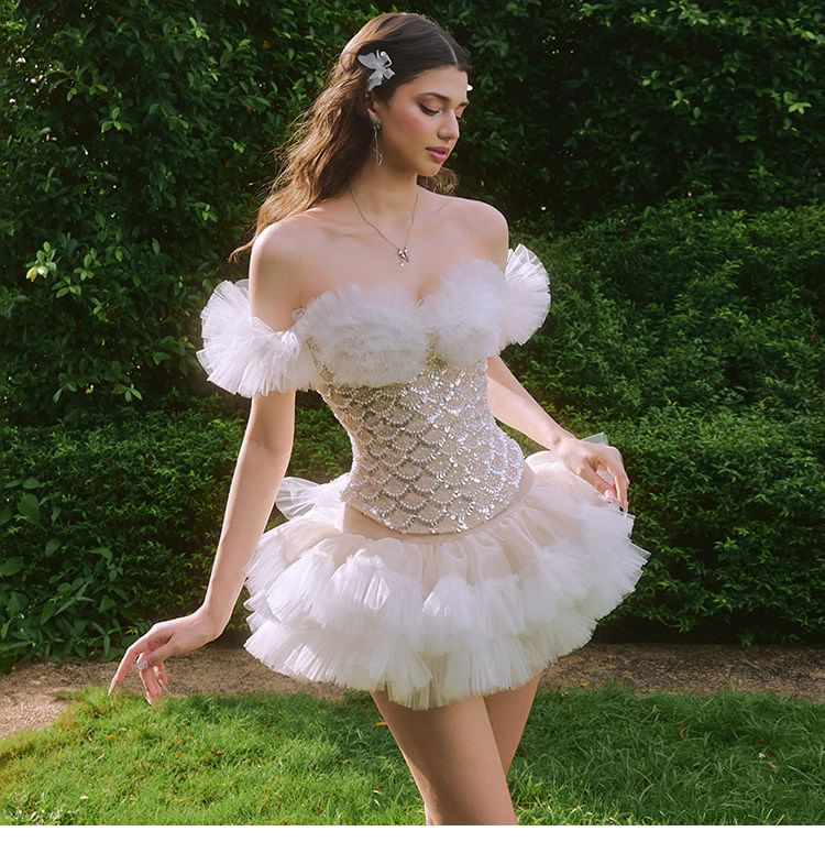 Off-Shoulder Sequined Ruffle Top with Mini Tiered A-Line Skirt
