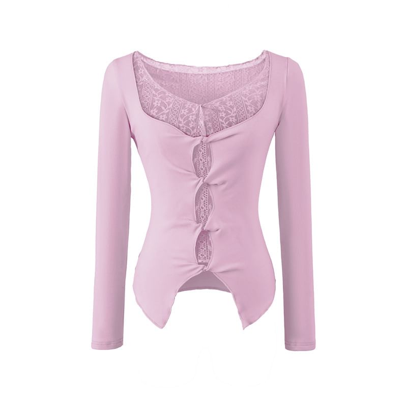 Twisted Slit Crop Tee with Lace Panel and V-Neck