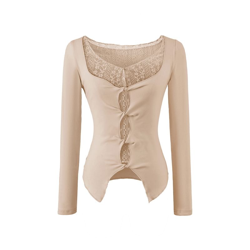 Twisted Slit Crop Tee with Lace Panel and V-Neck