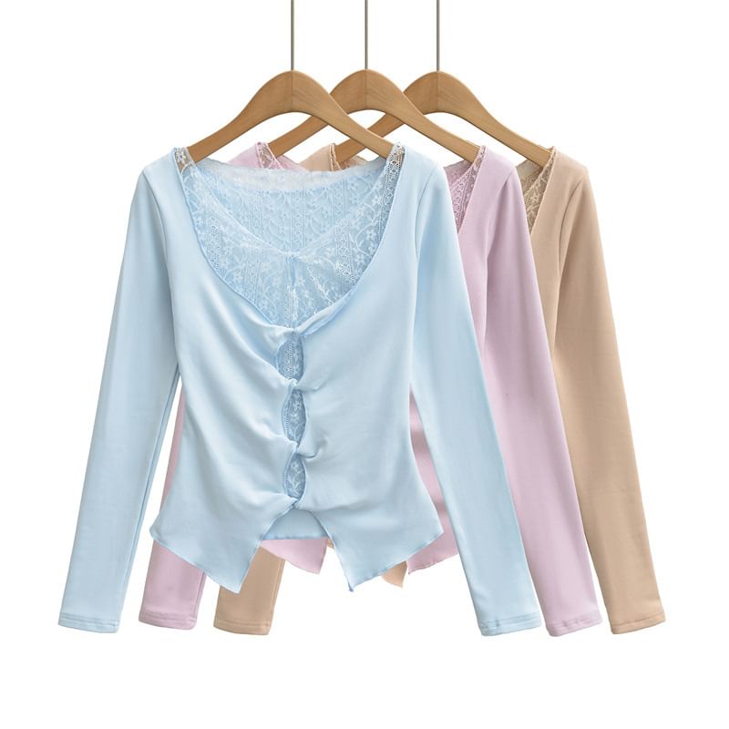 Twisted Slit Crop Tee with Lace Panel and V-Neck