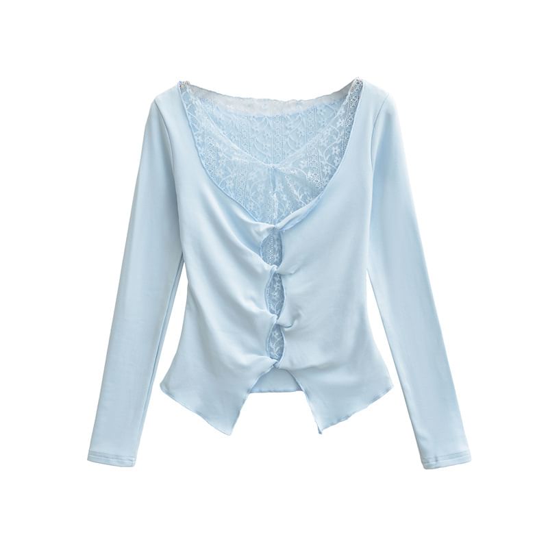 Twisted Slit Crop Tee with Lace Panel and V-Neck