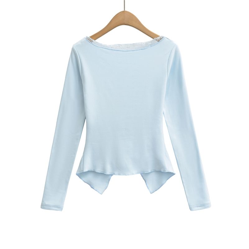 Twisted Slit Crop Tee with Lace Panel and V-Neck