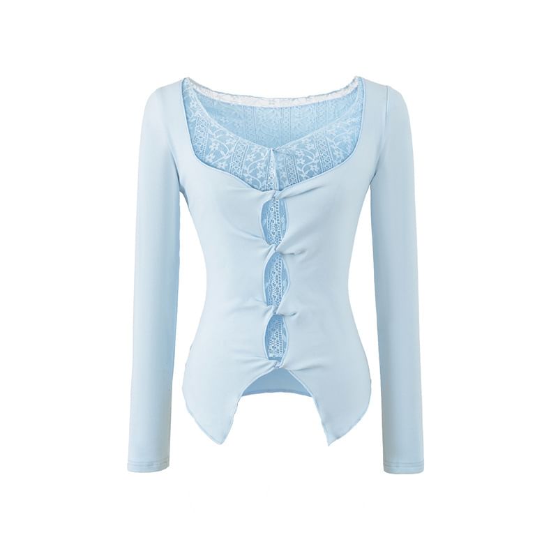Twisted Slit Crop Tee with Lace Panel and V-Neck
