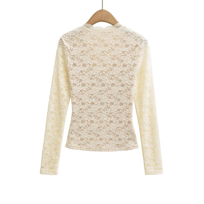 Slim Fit V-Neck Lace Long Sleeve Top