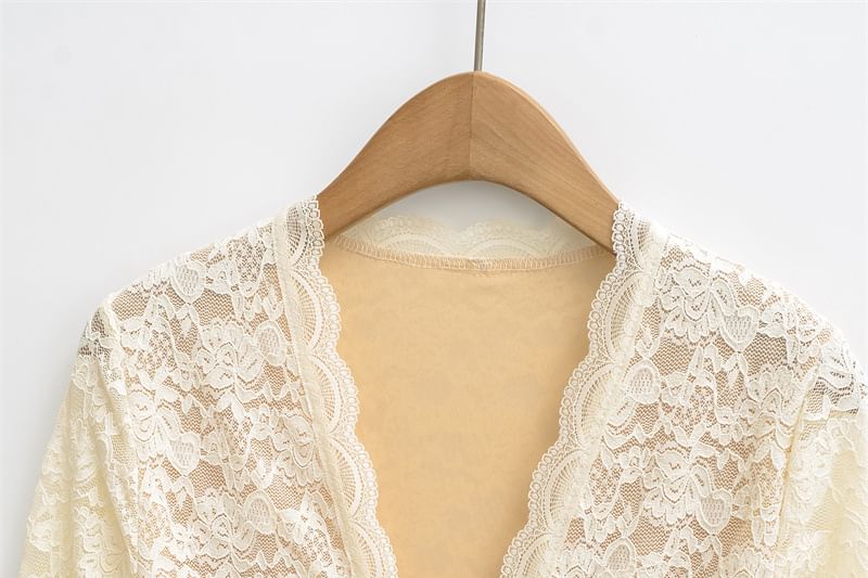Slim Fit V-Neck Lace Long Sleeve Top