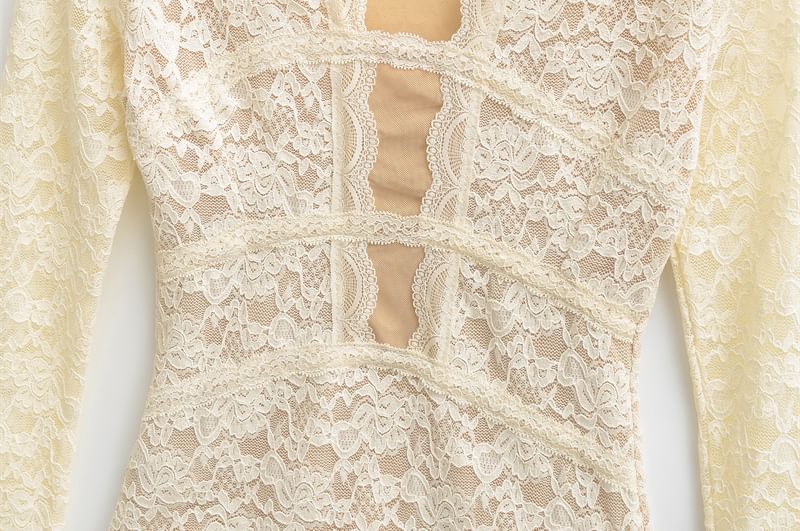 Slim Fit V-Neck Lace Long Sleeve Top