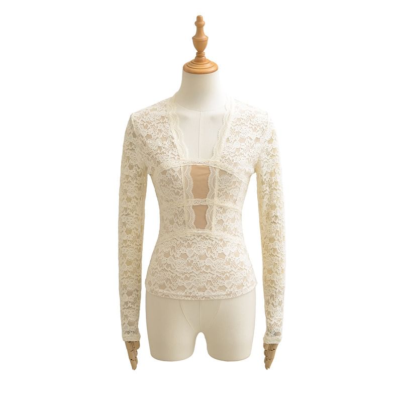 Slim Fit V-Neck Lace Long Sleeve Top