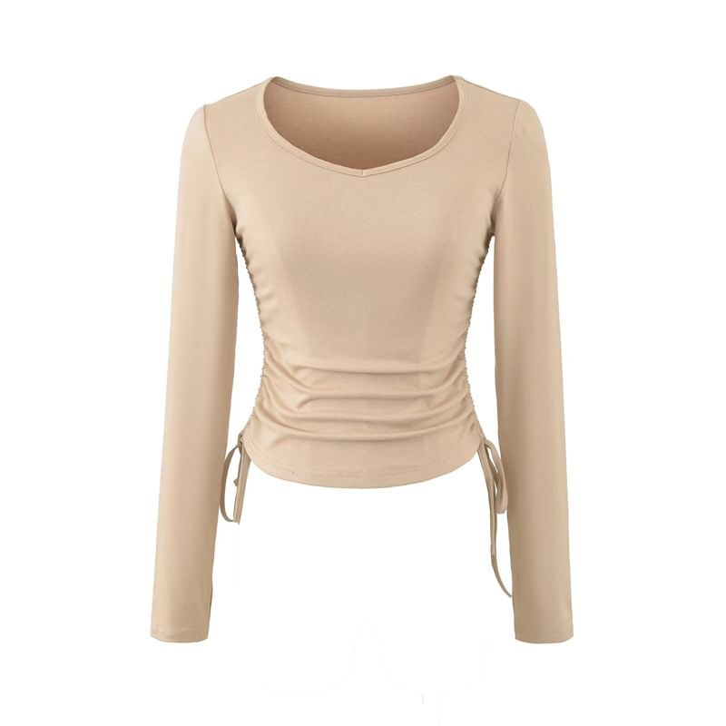 Ruched V-Neck Long-Sleeve Tee with Drawstring Hem