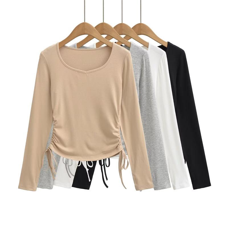 Ruched V-Neck Long-Sleeve Tee with Drawstring Hem