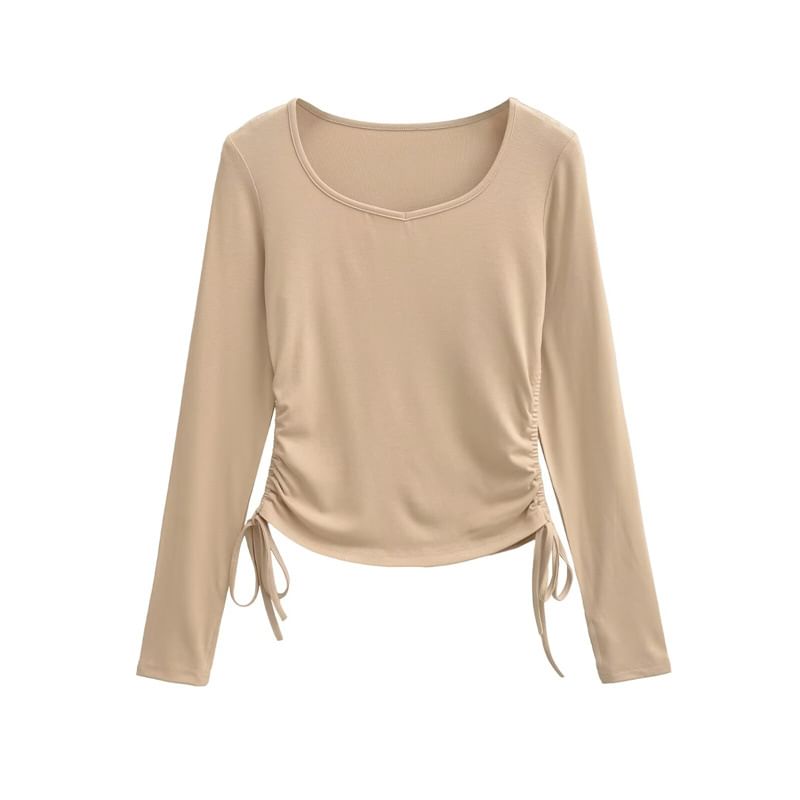 Ruched V-Neck Long-Sleeve Tee with Drawstring Hem
