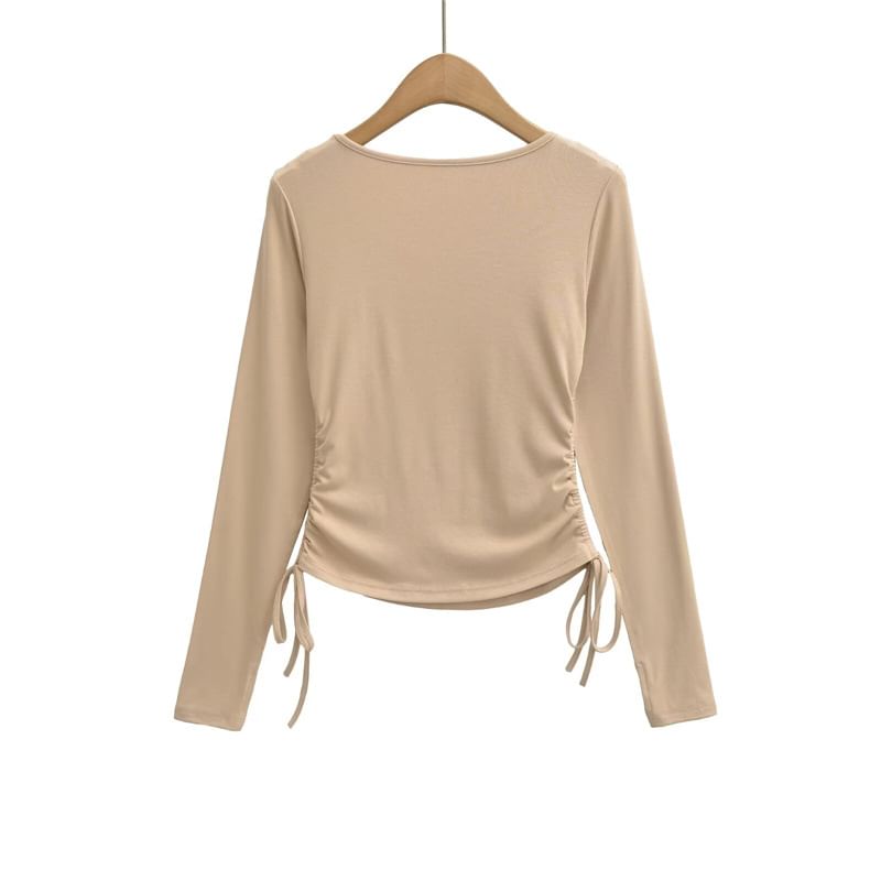 Ruched V-Neck Long-Sleeve Tee with Drawstring Hem