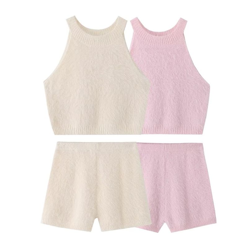 Fluffy Halter Crop Knit with High-Waist Shorts Set