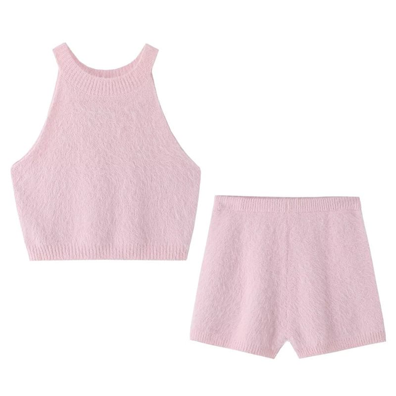 Fluffy Halter Crop Knit with High-Waist Shorts Set