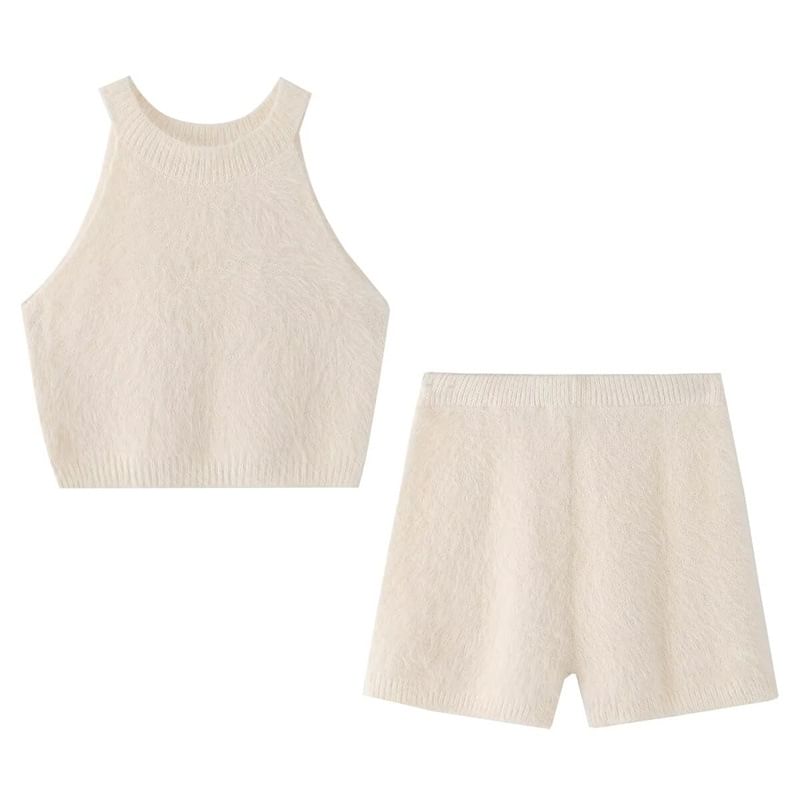 Fluffy Halter Crop Knit with High-Waist Shorts Set