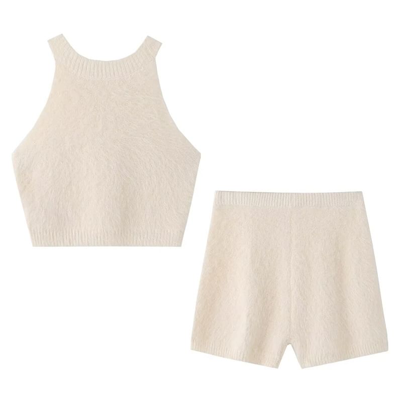 Fluffy Halter Crop Knit with High-Waist Shorts Set