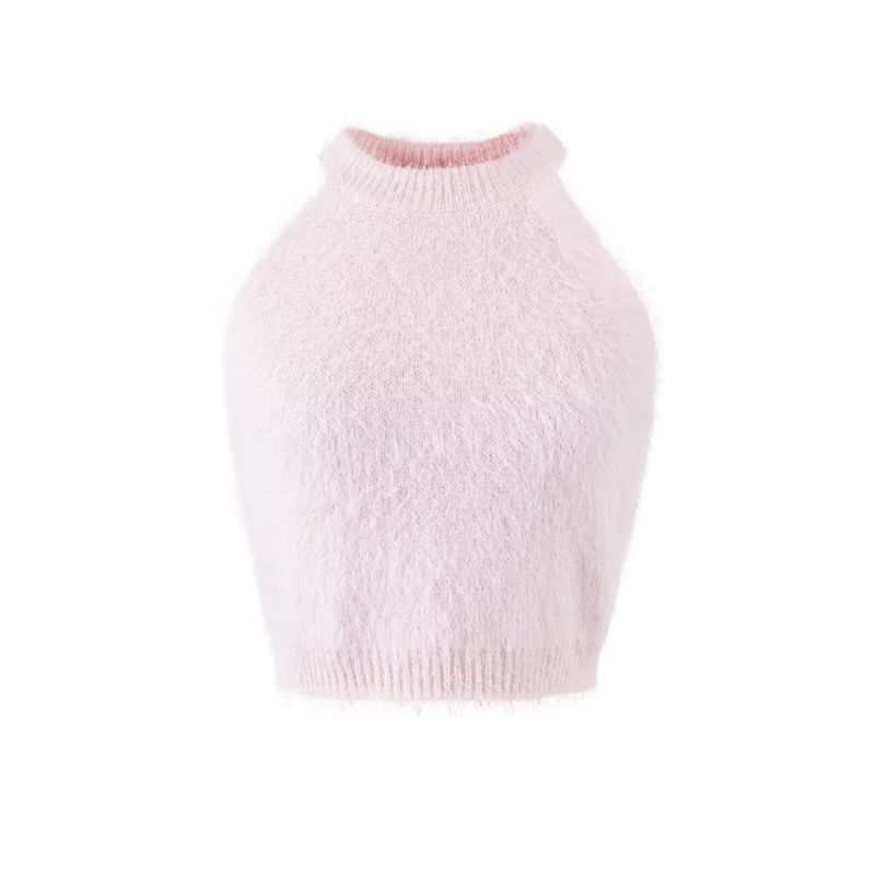 Fluffy Halter Crop Knit with High-Waist Shorts Set