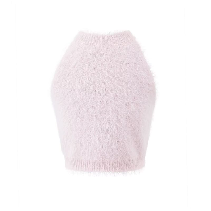 Fluffy Halter Crop Knit with High-Waist Shorts Set