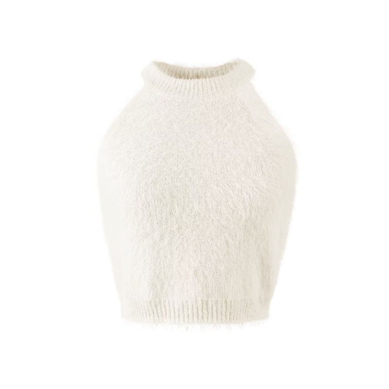Fluffy Halter Crop Knit with High-Waist Shorts Set