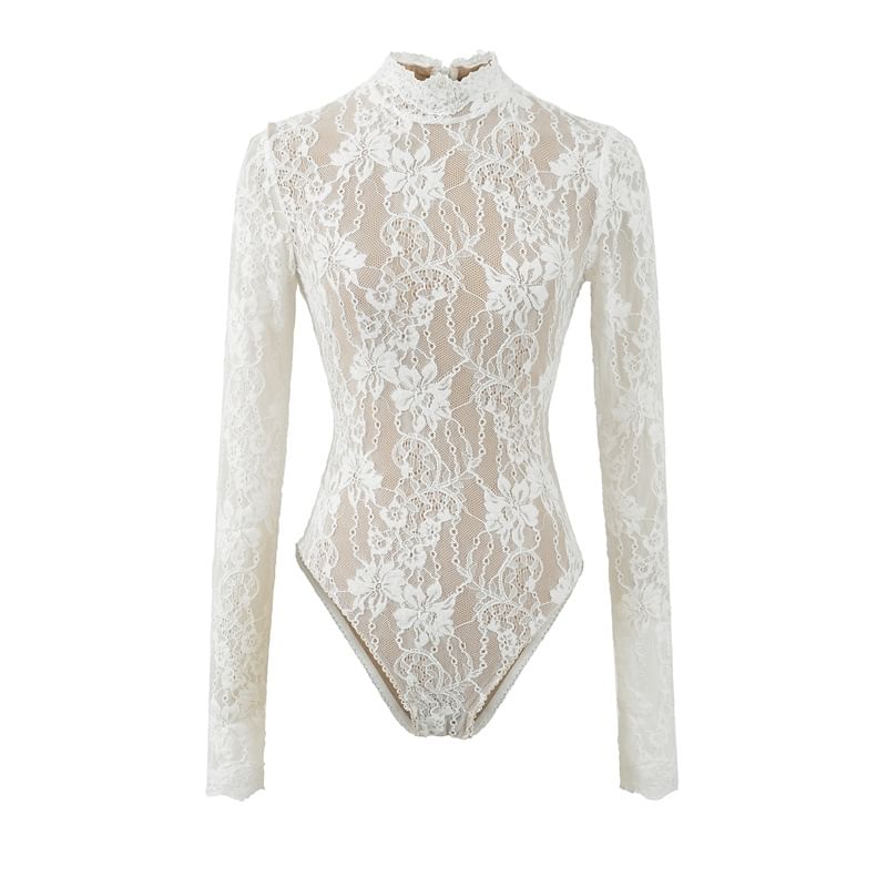 Lace Bodysuit Top with Mock Neck and Long Sleeves