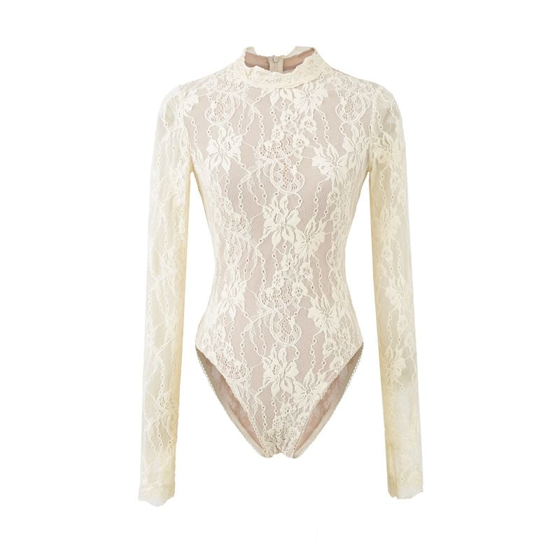 Lace Bodysuit Top with Mock Neck and Long Sleeves