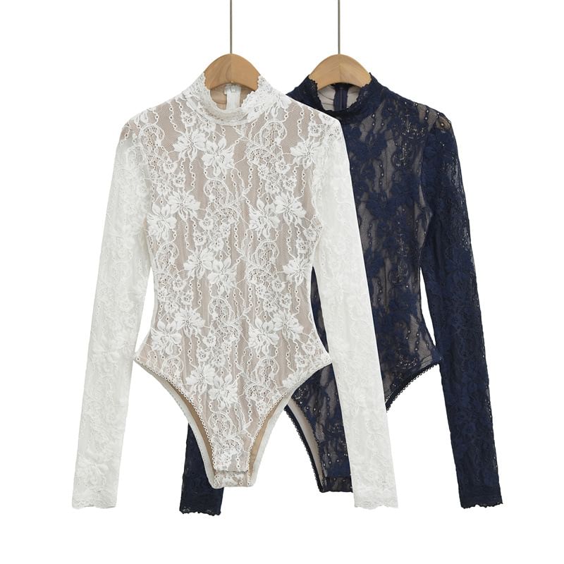 Lace Bodysuit Top with Mock Neck and Long Sleeves