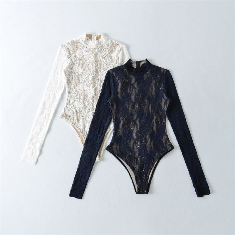 Lace Bodysuit Top with Mock Neck and Long Sleeves