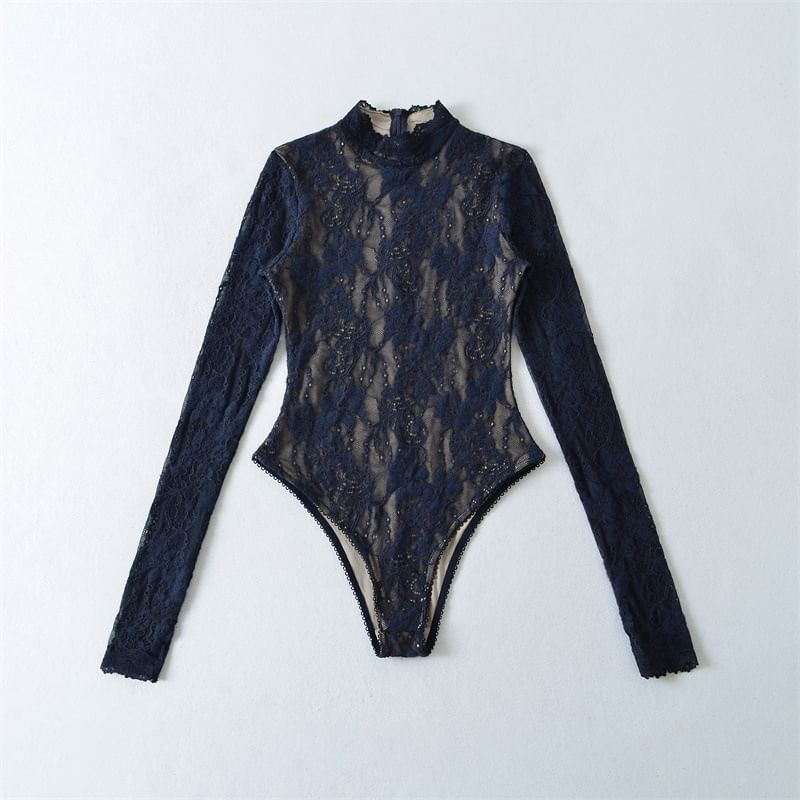 Lace Bodysuit Top with Mock Neck and Long Sleeves
