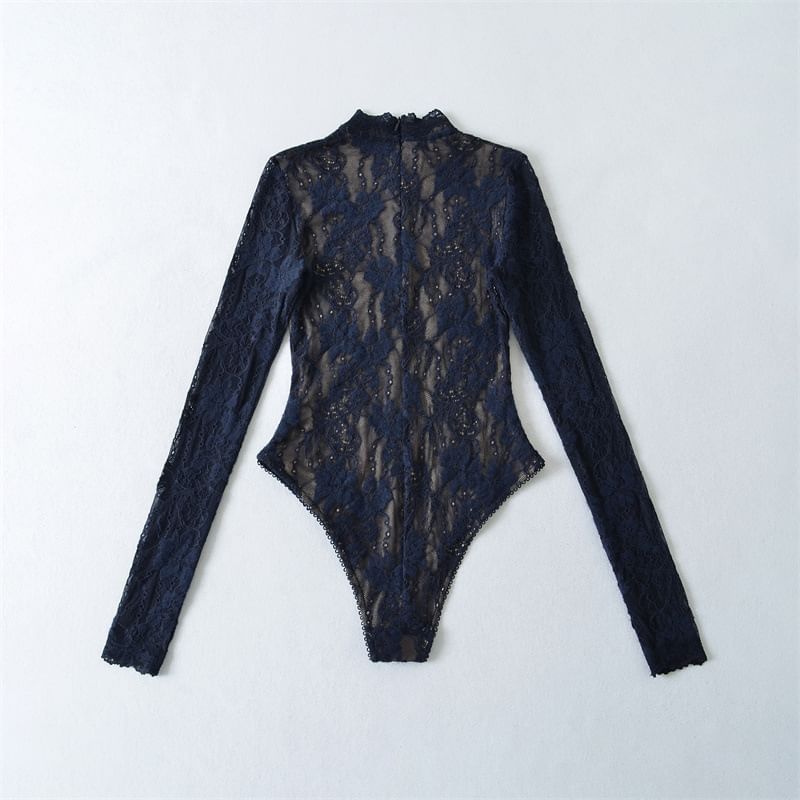Lace Bodysuit Top with Mock Neck and Long Sleeves