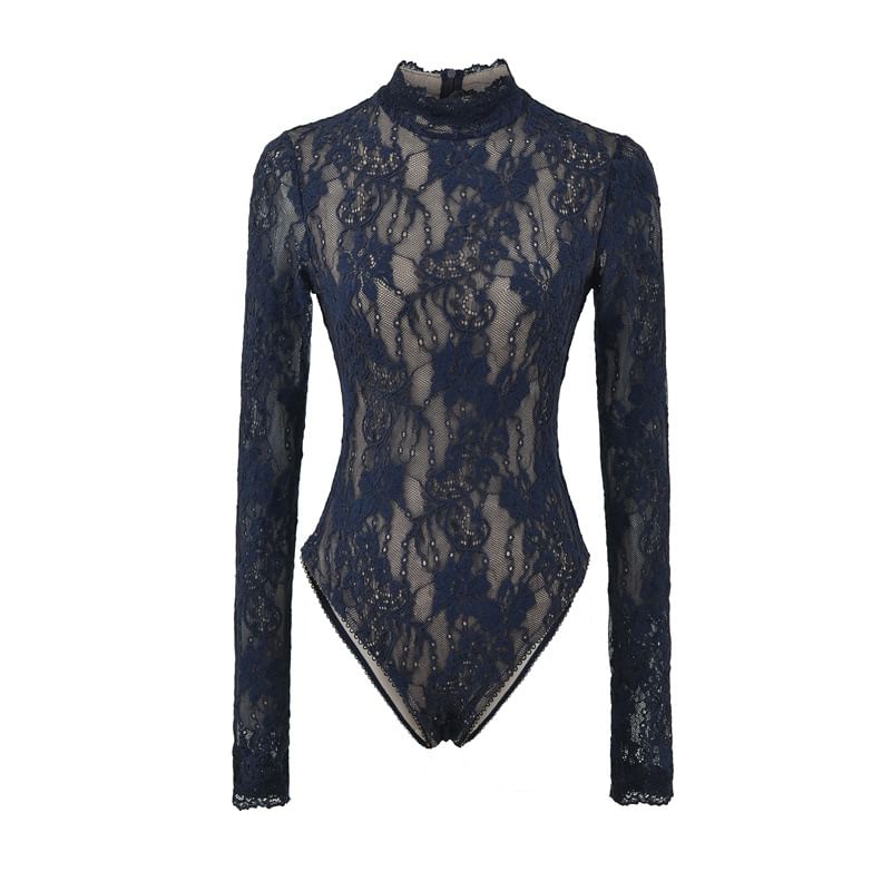Lace Bodysuit Top with Mock Neck and Long Sleeves