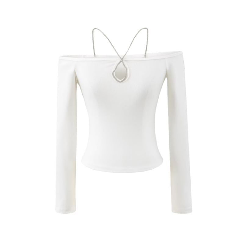 Cutout Crop Tee with Halter and Off-Shoulder Long Sleeves