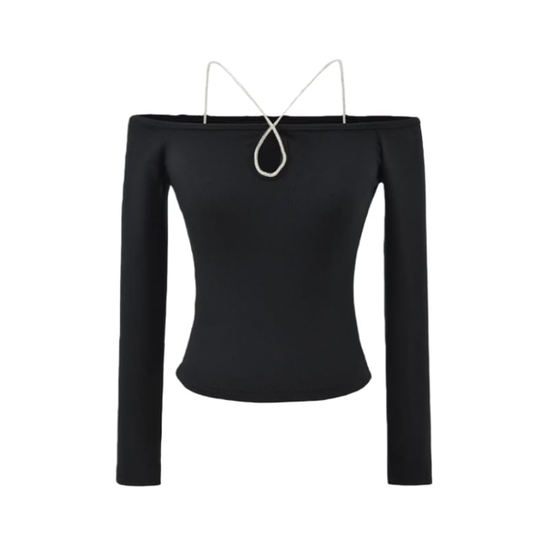 Cutout Crop Tee with Halter and Off-Shoulder Long Sleeves