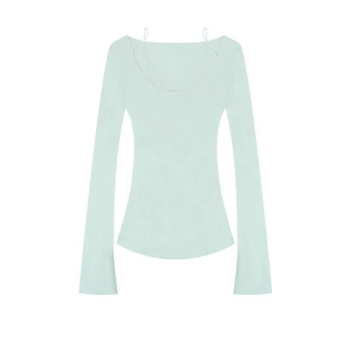 Scoop Neck Lace Trim Long Sleeve Mock Two-Piece Top