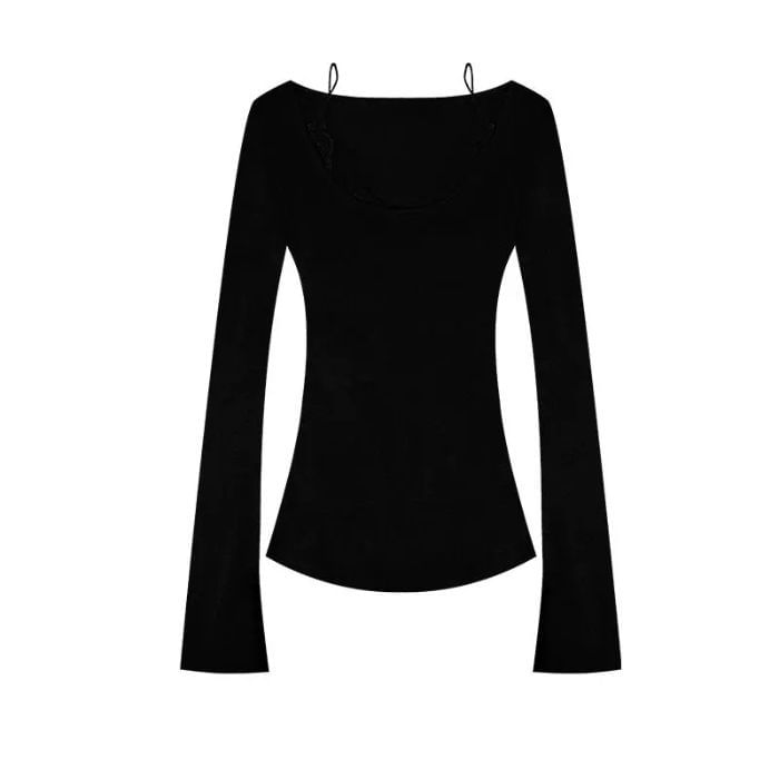Scoop Neck Lace Trim Long Sleeve Mock Two-Piece Top