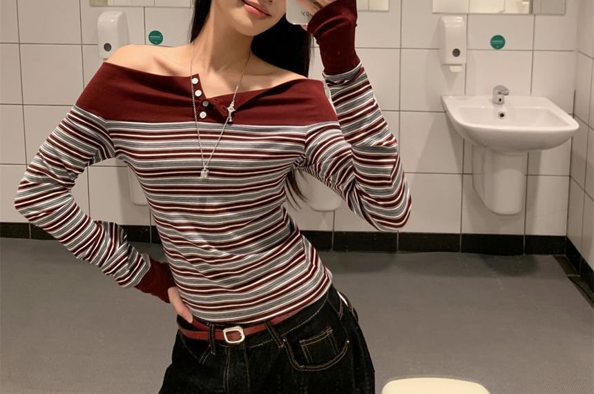 Off Shoulder Long Sleeve Striped Blouse