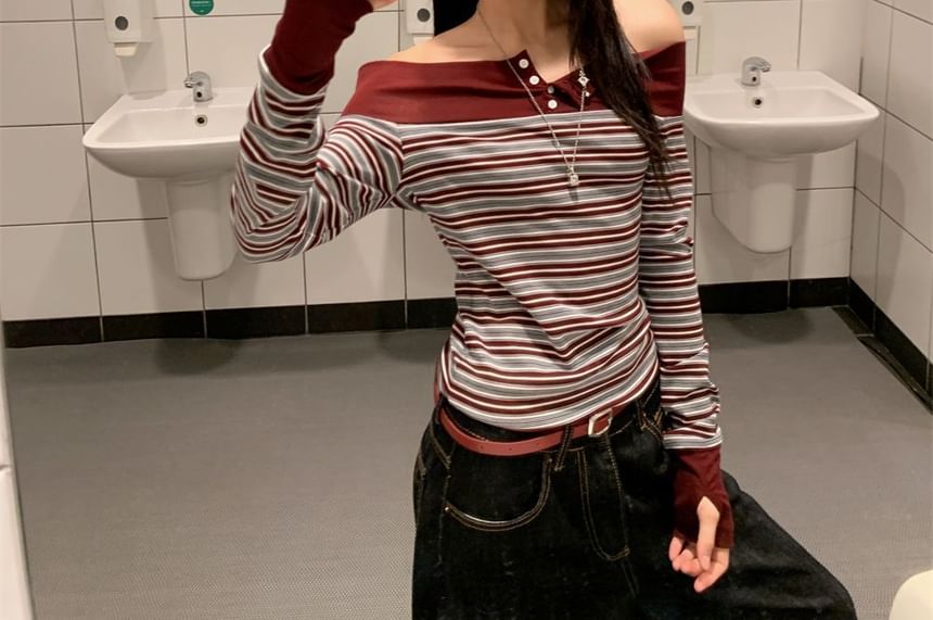 Off Shoulder Long Sleeve Striped Blouse