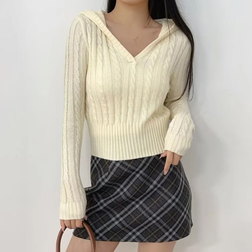 V-Neck Cable Knit Crop Hoodie